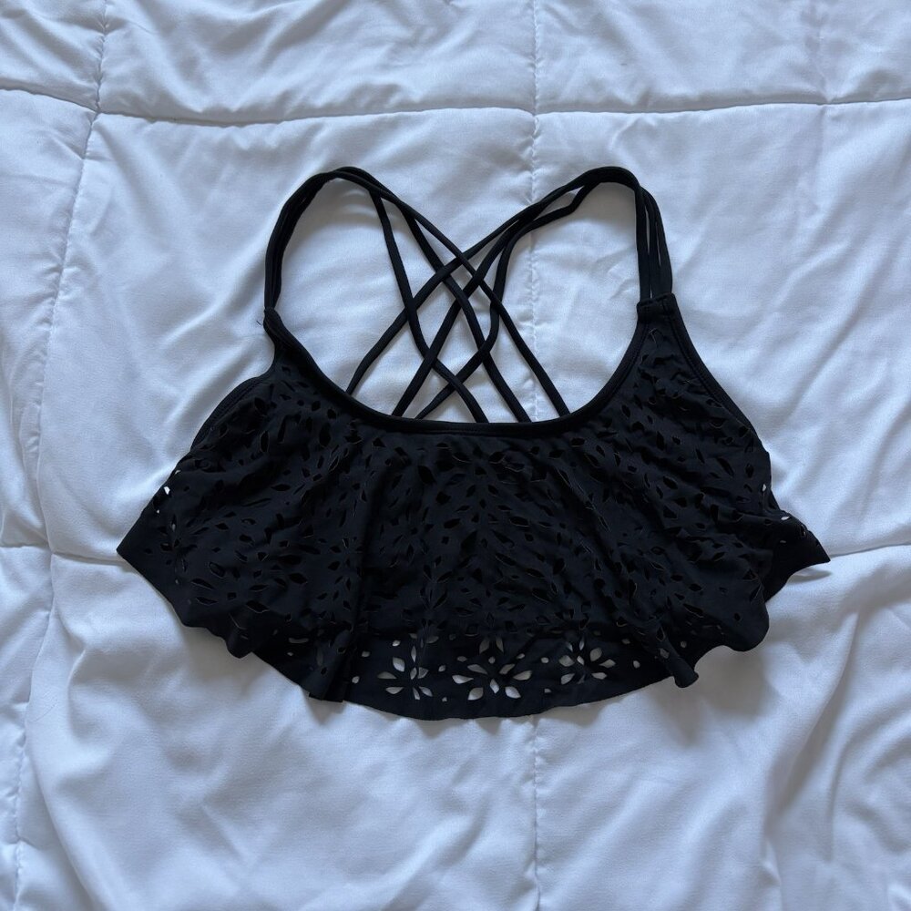 Black Flounce Laser-Cut Bikini Top - Women's Swim